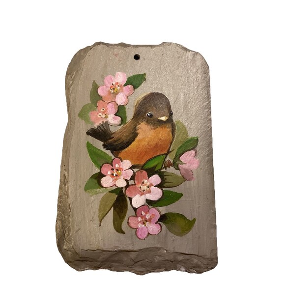 Slate Stone Summer Robin Bird 1983 Hand Painted & Signed 6" X 4" Folk Art Decor - Picture 1 of 5